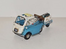 Voiture En Tôle Modèle Ancien Modèle Isetta Bleu-Blanc Avec Remorque L 25 Cm