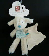 *. Doudou plat Sucre d'Orge Chien bleu rayé mouchoir blanc 100 % NEUF