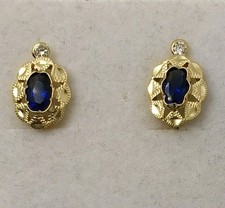 Boucles D'Oreilles Or 18K 750 Mls. Style Vintage Avec Zirconia Bleue