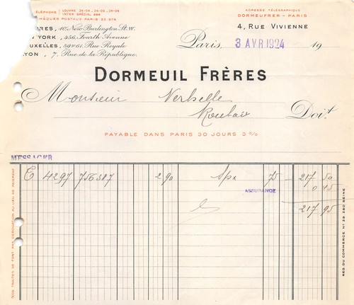 Facture 1924 dormeuil - facture, freres