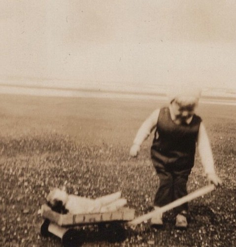 1930s boy pulling wagon beach - 1930s,