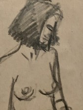 Tableau ancien dessin fusain crayon femme nue debout étude fauvisme