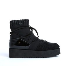 Chanel Bottines FR38 Coco Neige Black Leather Tweed Boots UK5 US7.5