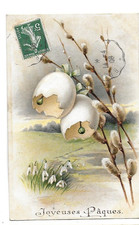 CPA carte postale ancienne gaufrée clochettes et perce-neige  Joyeuses Pâques