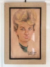 Ancien Tableau Crayon Pastel Dessin Portrait Femme Signé 1963 Encadré