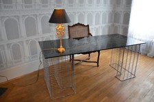 GRAND BUREAU EN VERRE ET FIL CHROME PAR TERENCE CONRAN POUR HABITAT VERS 1980