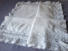 N03 Ancienne taie d'oreiller fil de lin brodé dentelle et monogramme BB debXXè