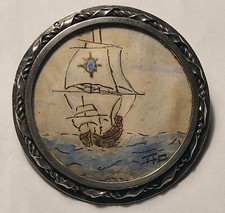 Ancien Bijou Broche Miniature Galion Voilier Sur Papier Argent Massif #MB1# D5