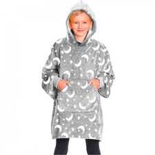 Cape polaire enfant avec capuche et manches Grise avec Etoile Lune Fluorescentes