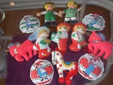 Vintage Lot 12 Hand Made Cloth Christmas Ornaments Raggedy Ann & Andy, Unicorns