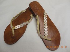 White Leather Slides with seashells little flowers decoration  9 B by "Lucy L"