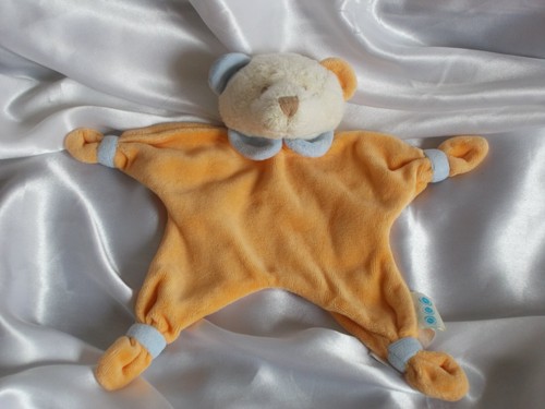 Doudou ours orange - col, bleu