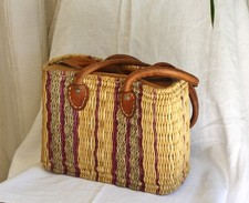 panier - sac - shopping, plage, cabas - jonc multicolore tressé - fermé cuir zip