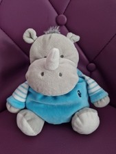 Peluche/Doudou Boule Rhinocéros Gris Blanc Bleu Rayé 20cm - Okaïdi Obaïbi