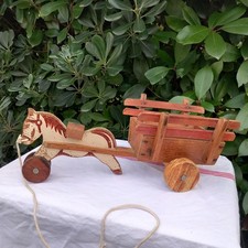 Jouet Ancien - Cheval & Charette en Bois 1950