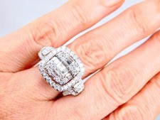 Multi-Center Anneau Fiançailles Diamant 2CT Rond Baguette-Cut 14K or Blanc