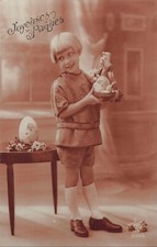 CP SEPIA PAQUES PETITE FILLE COUPE CARRÉ SOURIANTE PANIER OEUFS DECORES - 73706