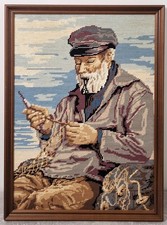 Tableau Ancien Grand Canevas Le Pecheur Années 70 Décoration Vintage Ancien