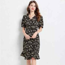 Robe Femme Courte Élégante Noire Beige Fleurs Satin Doux GIPSY 71152