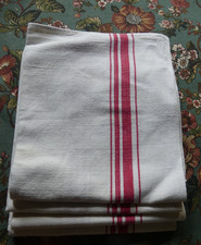Lot 4 Torchons Anciens " Métis Lin Coton / Rayés rouge DECO COSY