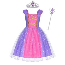 Costume Enfant Fille Costume Princesse Raiponce avec Baguette et Couronne Tul...