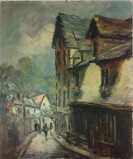 tableau ancien huile sur toile signé René Lorotte. rue de Jerzual à Dinan,