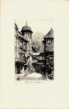 Strasbourg, gravure eau forte, Charles PINET, Cour du Corbeau, Alsace, Bas-Rhin