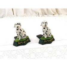 2 VTG Painted Heavy Cast Metal Black and White Spotty Dog Door Stops, Pair