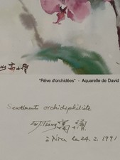 Tableau ancien estampe litho rêve d'orchidées aquarelle de David Fujitsang