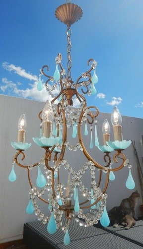 Lustre ancien opaline bleue - opaline,