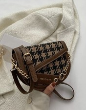 Sac De Selle A Rabat A Bandoulière Marron Pied De Poule Magnétique Simili Cuir