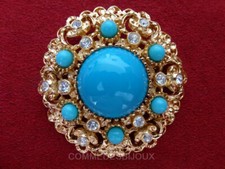Broche "Rosace Soleil Néo Classique" ciselé Turquoise Blanc - Bijoux pur Vintage