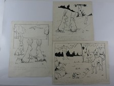 BRUN  3 dessins originaux à la plume à la façon de Benjamin RABIER.   circa 1920