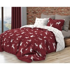 Housse de couette double face en coton avec cerf blanc sur fond bordeaux   Lit d
