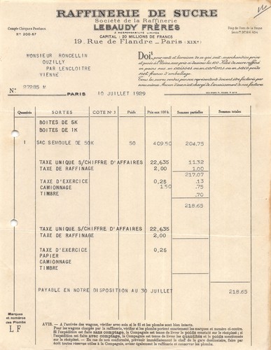 Facture 1929 raffinerie de - facture,