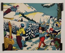 Jeux de neige	Circa 1900 Affiche Originale Montagne Enfance Ski
