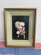 Ancien Cadre Sous Verre Bouquet Fleur Artificielle Deco Art Signé