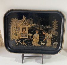 ANCIEN PLATEAU EN CARTON BOUILLI LAQUE NOIRE NAPOLEON III DÉCORS PAGODE ASIE