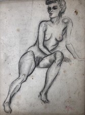 DESSIN à la pierre noire daté 20 7 1946 femme nue sur carton Canson lavis
