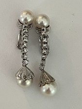 6656- Boucles d'Oreilles Pendants Or Gris Perles Akoya Diamants