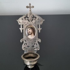 Bénitier en Métal et Porcelaine Peinte Christ  fin XIXè Stoup Porcelain 19thC