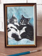 Peinture à l'huile pour deux chats animal de compagnie art original encadré...
