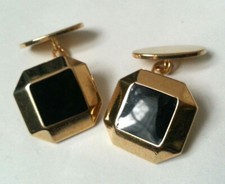 PAIRE DE BOUTONS DE MANCHETTE vintage CLASSIQUE doré carré noir STYLE ART DECO