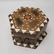 Petite Boîte A Bijoux Hexagonal Bois Avec Miroir Intérieur Velours Rouge 