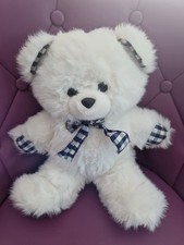 Grosse Peluche Ours Blanc Bleu Carreaux 35 Cm Nounours