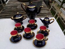 service à café ancien bleu four doré or année 1950 tasse à café signé Vallauris