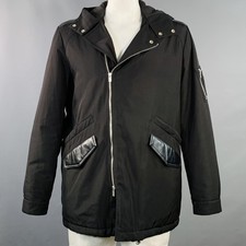 The Kooples Taille XL Manteau À Capuche Noir En Polyester Avec Finitions En Cuir