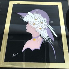 Tableau /miroir  peint Vintage 70’s Fond Noir Et Laiton ancien 50/70 signé