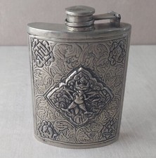 Ancienne flasque / fiole, en métal argenté, décor chinois / dragon