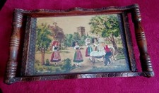 Plateau de Service en Bois Peint  Décor Alsacien Strasbourg Signé FEA Art Déco 